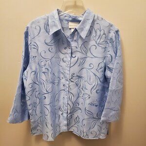 Women's Alred Dunner Blouse, Button, 3/4 Sleeve, Blue, Bling, Sheer, Size L,